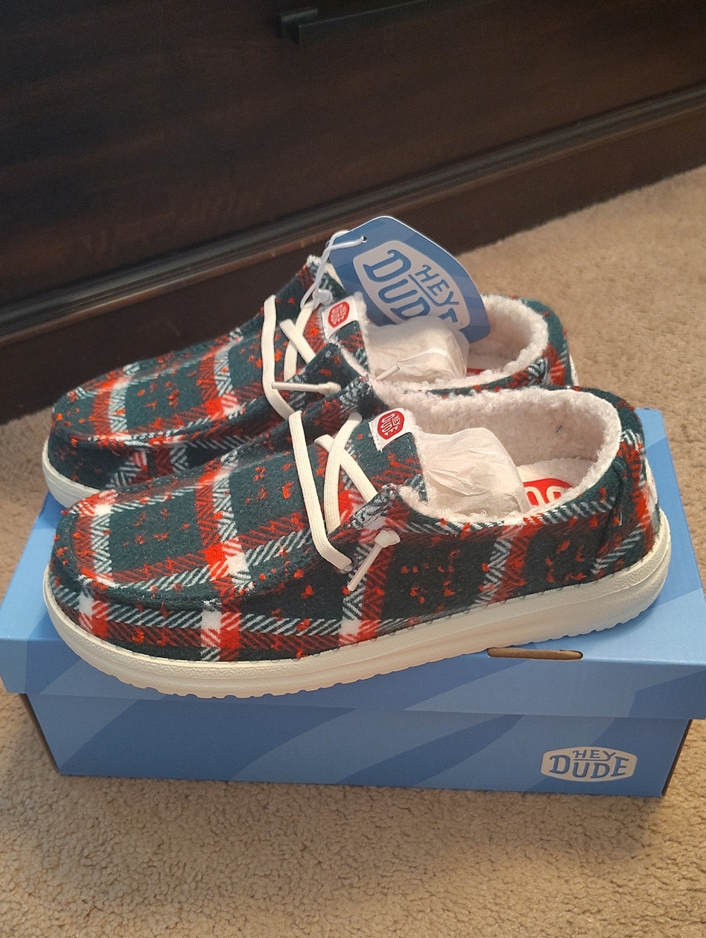 Hey Dude Christmas Plaid Slip-On Shoes in Green & Red